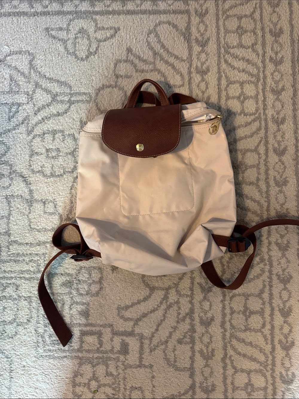 Longchamp beige nylon backpack with brown trim